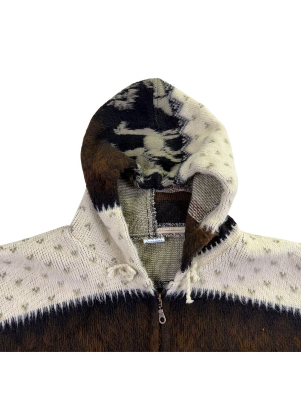Yari Artesanias Unisex Brown & White Wool Alpaca Pattern Full-Zip Sweater Hoodie - Picture 4 of 10